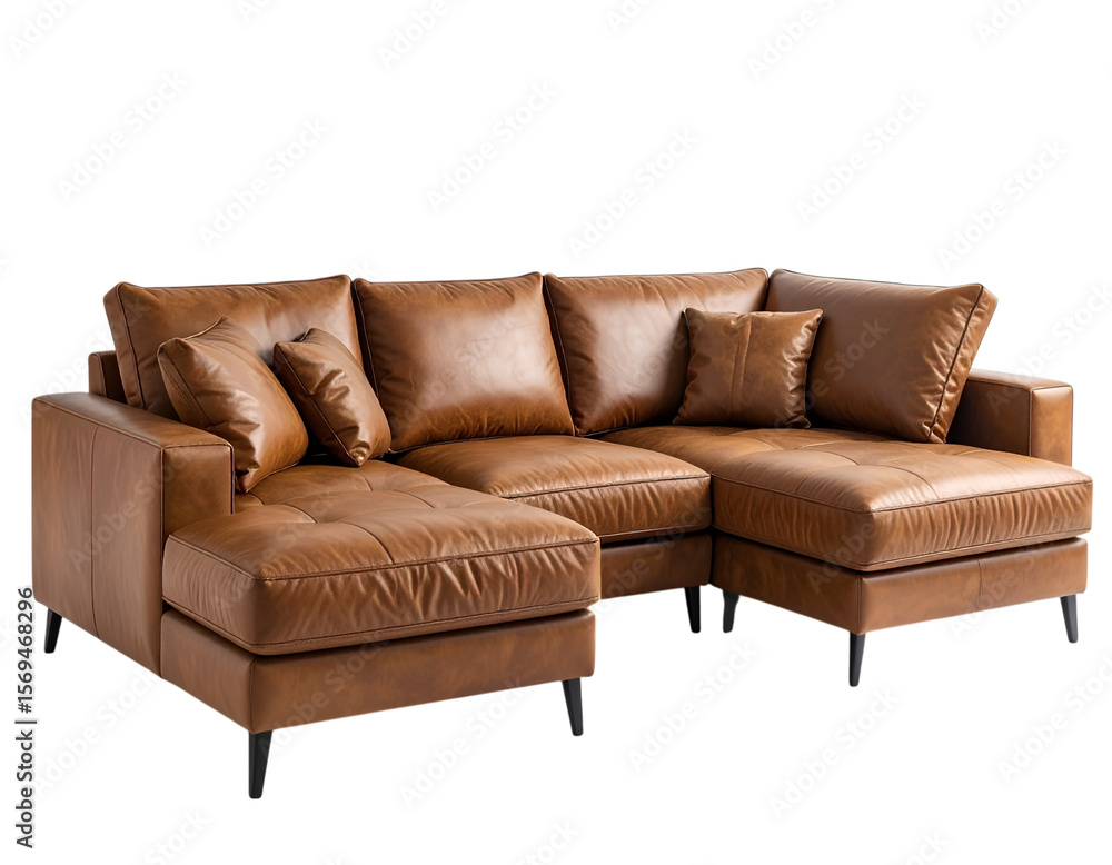 Fototapeta premium Luxurious Leather Sofa: A modern, L-shaped leather sofa, offering comfort and style. Ideal for relaxing in any living space.