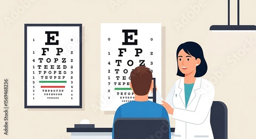Flat vector of eye test at optometrist clinic with eye chart, doctor, and patient