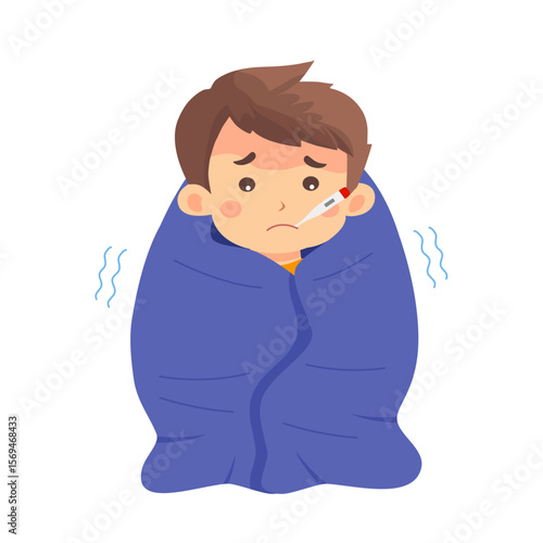 sick little boy has high fever flu and cold lying on bed with thermometer in his mouth and wet towel on his forehead