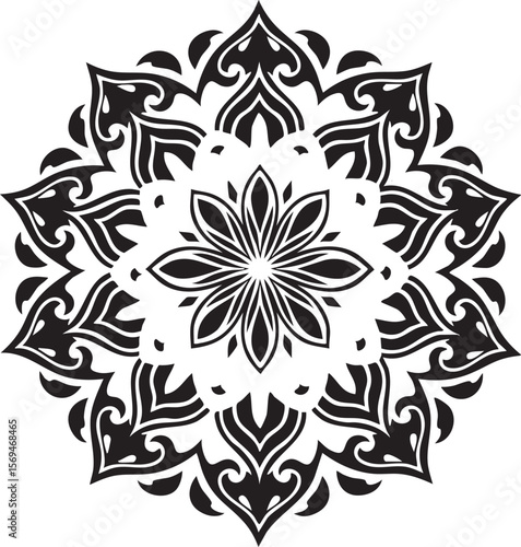 Intricate Black and White Mandala Design A Symmetrical Composition of Ornamental Elements Creates a Visually Appealing Graphic