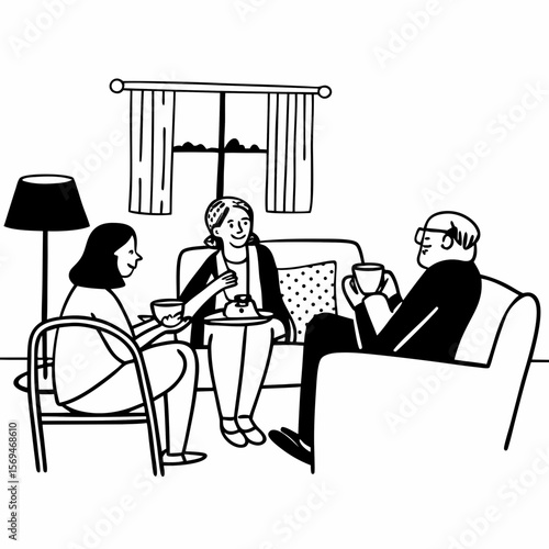 Family members of two generations grown daughter and mature father having fun enjoy tea talk on cozy couch. Attentive young lady caregiver social worker visit support care for glad elderly man patient