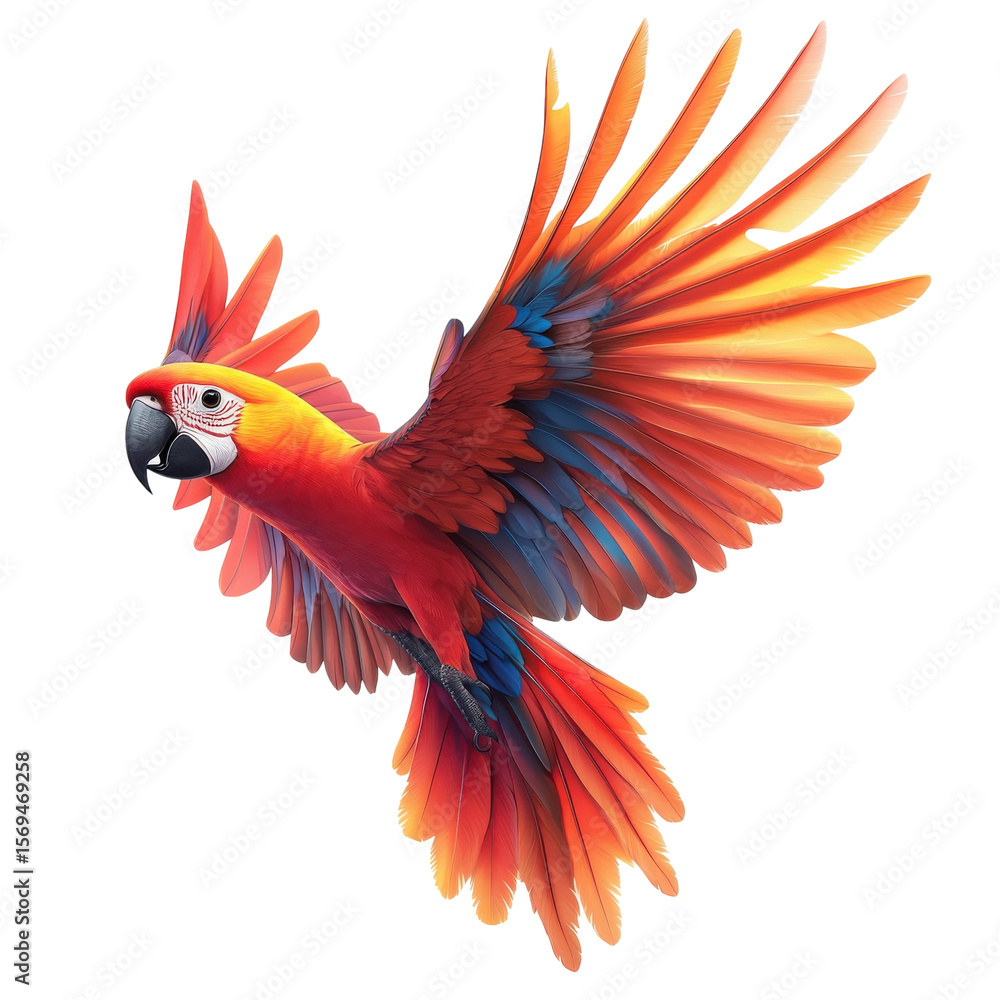 Fototapeta premium Vivid Macaw in Flight Red Parrot with Vibrant Wings on the Black Transparent Background Vector Image