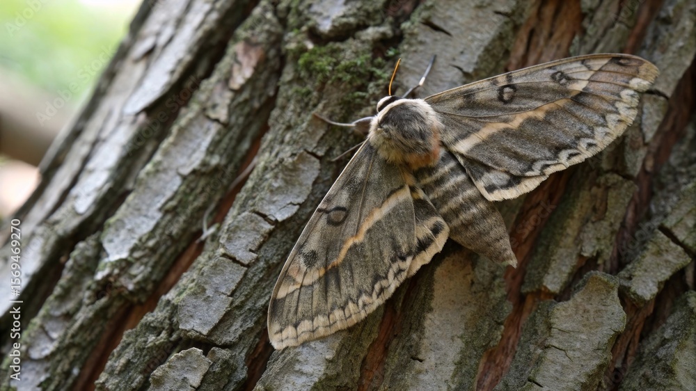 Obraz premium Giant moth resting on textured tree bark nature scene wildlife photography forest environment close-up view unique wing patterns for seo impact