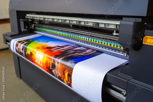 Large format color printer printing vibrant poster for commercial advertising and marketing