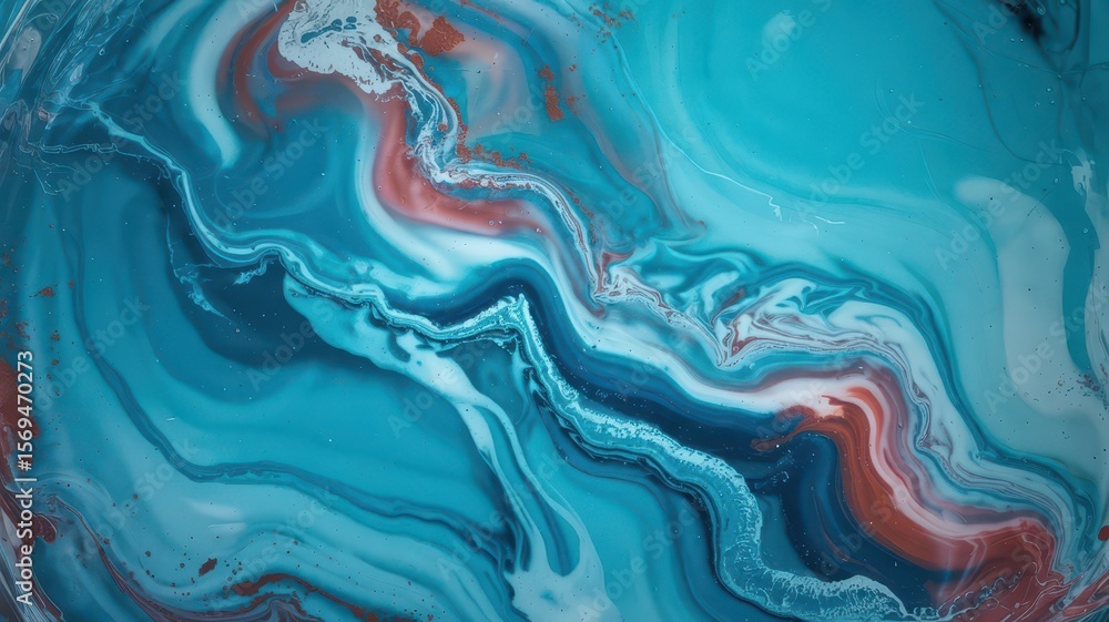 Fototapeta premium Resin abstract overhead view featuring coral and turquoise pigments with white swirls creating marble-like patterns in transparent medium