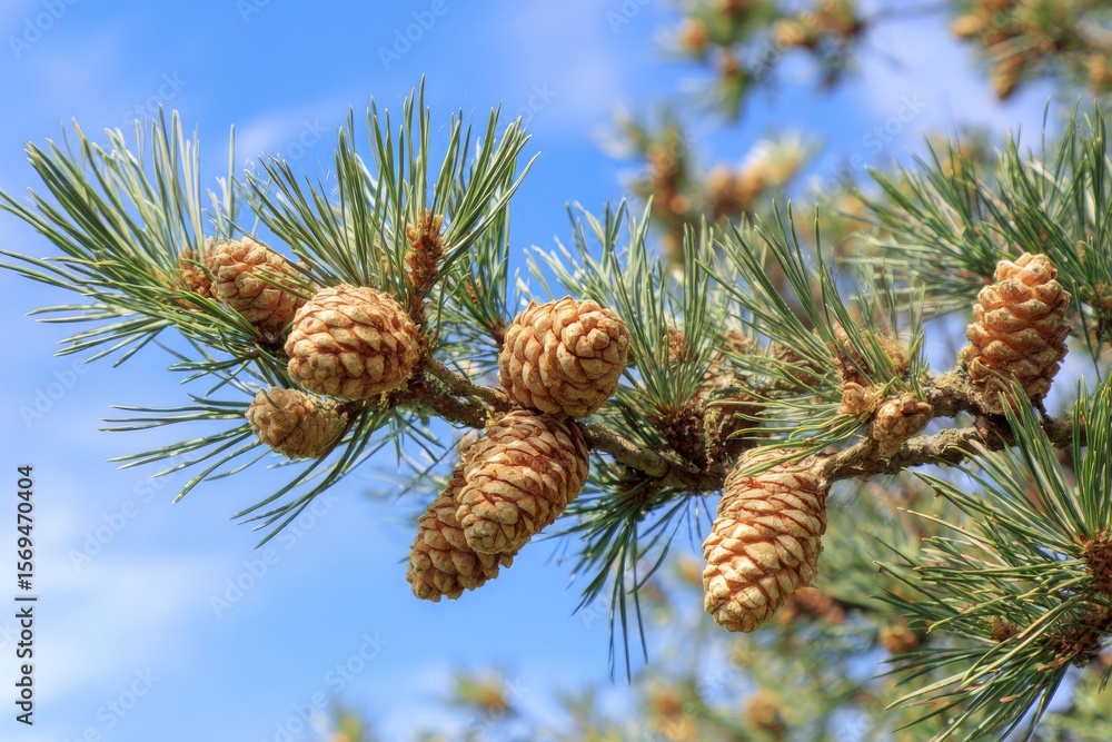 Fototapeta premium Pine cones and branch against blue sky A serene nature scene ideal for backgrounds, textures, and botanical illustrations.