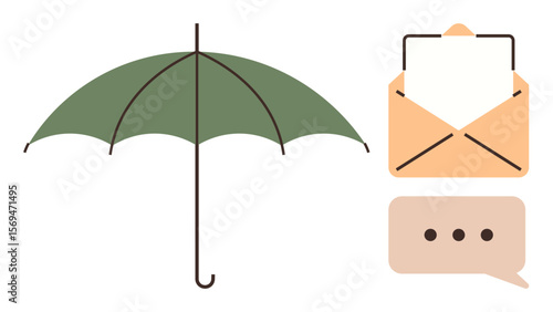 Green umbrella symbolizing protection, open envelope with inserted letter for communication, and speech bubble with ellipses for conversations. Ideal for safety, messaging, dialogue, connectivity