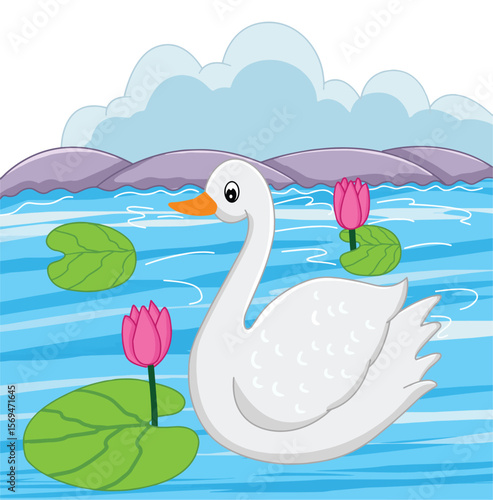 Cute cartoon hand drawn vector swan floating on water clipart.