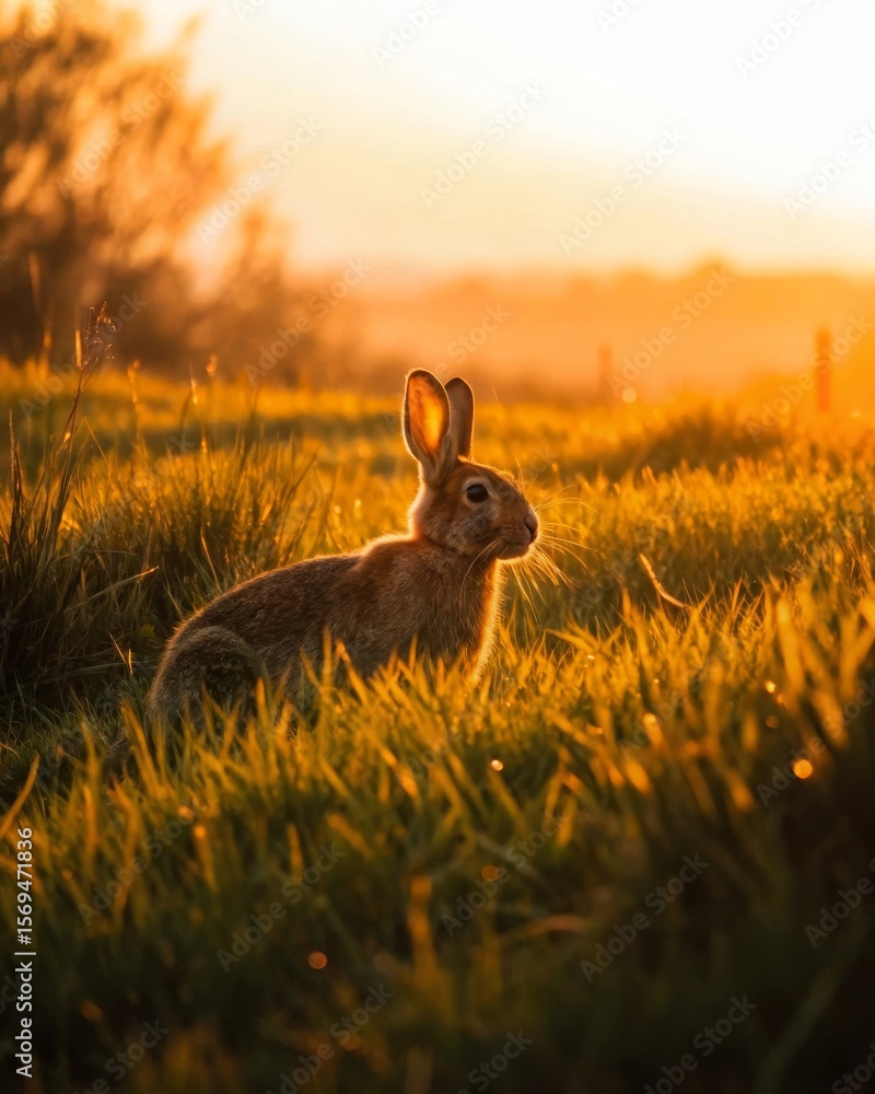 Obraz premium Rabbit resting in sunset field nature scene golden light serene environment side view tranquil concept
