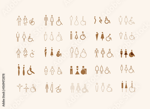 WC icons, stylish and modern design for male, female, accessible restrooms drawing on beige bg.