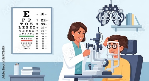 Flat vector of eye test at optometrist clinic with eye chart, doctor, and patient