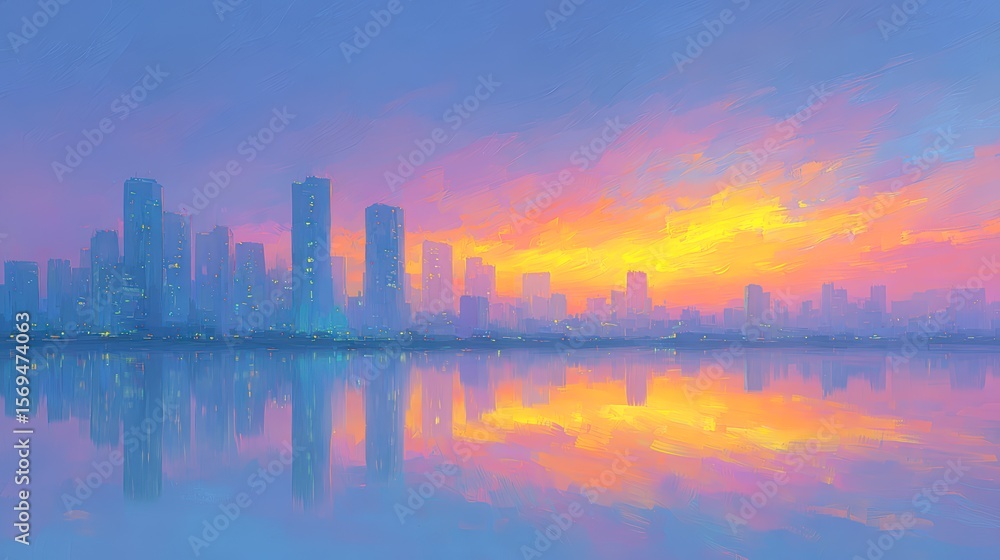 Obraz premium A vibrant skyline at sunset, reflecting colors on calm waters, ideal for use in travel brochures, urban lifestyle promotions, or as a backdrop for inspirational quotes
