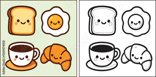 Adorable kawaii breakfast food characters toast fried egg coffee and croissant