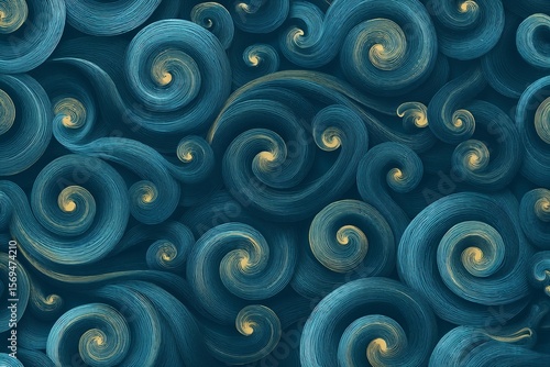 Seamless abstract pattern of swirling koru-style spirals in fine blue and gold line art, evoking Māori influence, flow, and natural energy in a decorative design