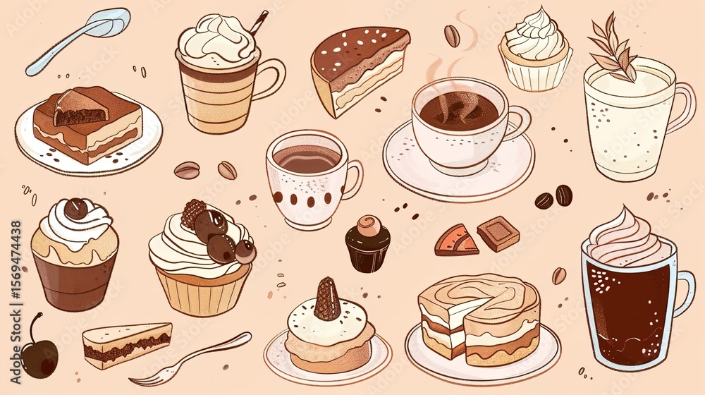 Whimsical Hand-Drawn Coffee & Dessert Illustrations: A Cozy Blend of Sketched Lattes, Fluffy Cakes, and Rustic Sweets – Capturing the Warmth of Café Treats with Imperfect Lines and Watercolor Hues Whimsical Hand-Drawn Coffee & Dessert Illustrations: A Cozy Blend of Sketched Lattes, Fluffy Cakes, and Rustic Sweets – Capturing the Warmth of Café Treats with Imperfect Lines and Watercolor Hues