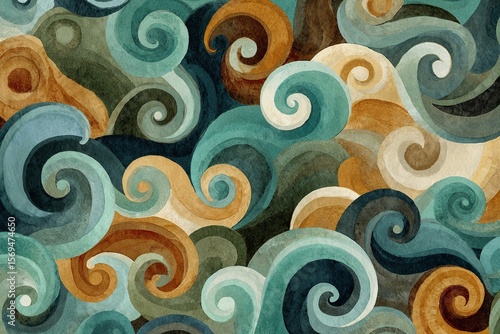 Seamless abstract pattern of koru-inspired spirals in layered watercolor textures with earthy browns, teals, and blues, reflecting Māori design and natural flow