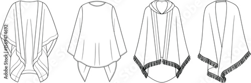 Women poncho cape flat sketch, front back technical drawing, fashion vector template, fringe hem cloak design for apparel CAD flat vector illustration
