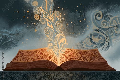 Open magical book glowing with swirling Māori-inspired tribal designs and mystical light under a starry sky, blending fantasy with New Zealand indigenous art