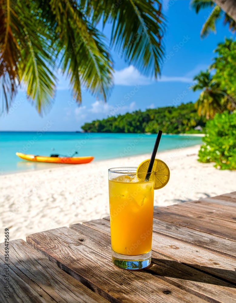 Obraz premium Iced citrus drink with lemon slice in tall glass on wooden table, set against a tropical beach with palm trees, turquoise water, and bright blue sky.