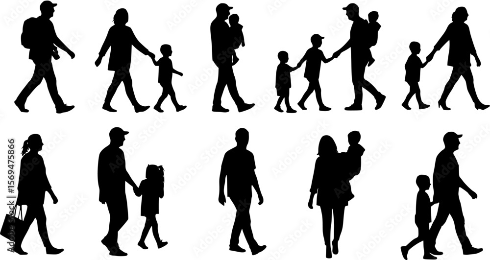 Fototapeta premium Family and kids walking together various poses on white background silhouette set. 