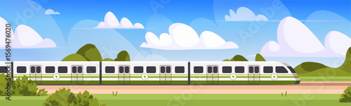 Eco train. Public transit powered by renewable energy. Concept of green mobility, clean cities, and zero emissions. Vector Not AI generated