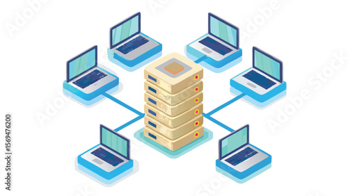 Network of laptops connected to a central server in an isometric view showing data connectivity