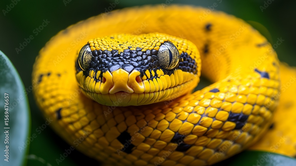 Close-up of coiled yellow snake in jungle setting Close-up of coiled yellow snake in jungle setting
