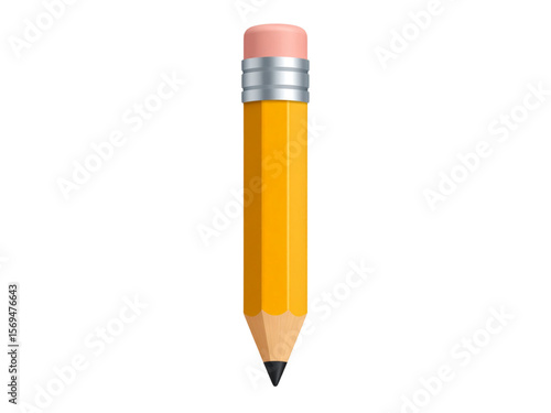 A 3d bright yellow pencil, with a pink eraser and a dark tip, is displayed against a white background.