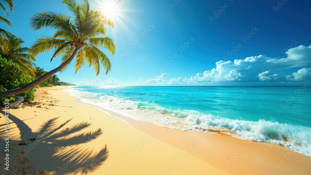 Obraz premium Sunny beach scene with palm tree casting shadow on golden sand turquoise ocean waves and blue sky with clouds