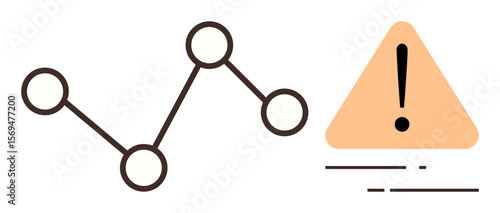 Line graph trend with nodes alongside caution sign featuring exclamation mark. Ideal for risk analysis, problem detection, data safety, error alerts, warnings, decision-making, forecasting. Simple