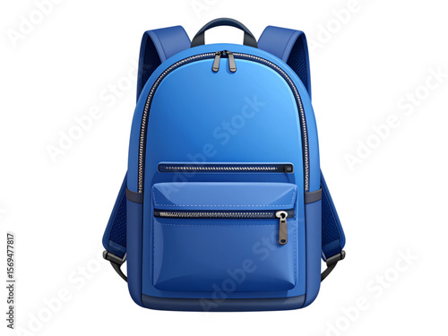 A 3D brightly colored blue backpack with multiple pockets and zippers, isolated on a white background.