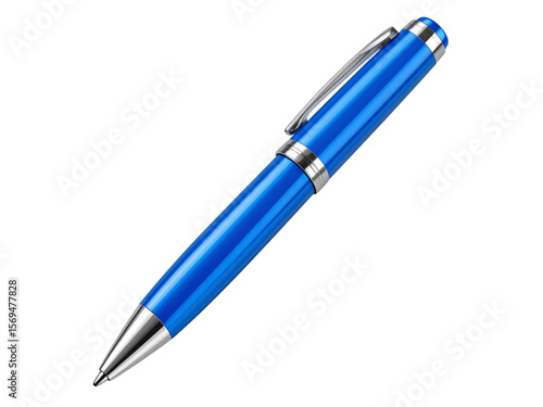 3D Close-up view of a bright blue ballpoint pen on a white background.