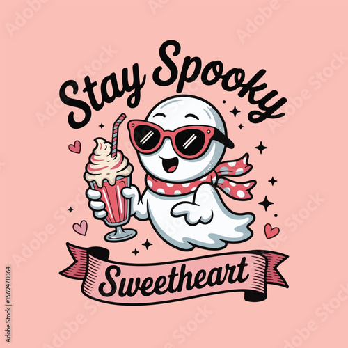 Cute ghost with sunglasses and milkshake saying stay spooky sweetheart