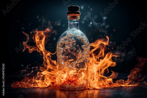Glass bottle with cork lid burning in orange and yellow flames on dark background, representing danger and flammability