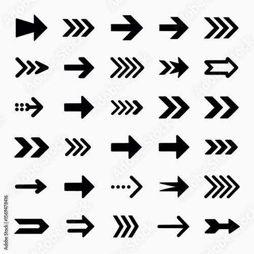 Collection of Various Black Arrow Icons Pointing in Different Directions for UI Design