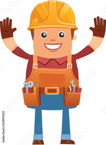 Cheerful Toolbelt Character Waving Happily