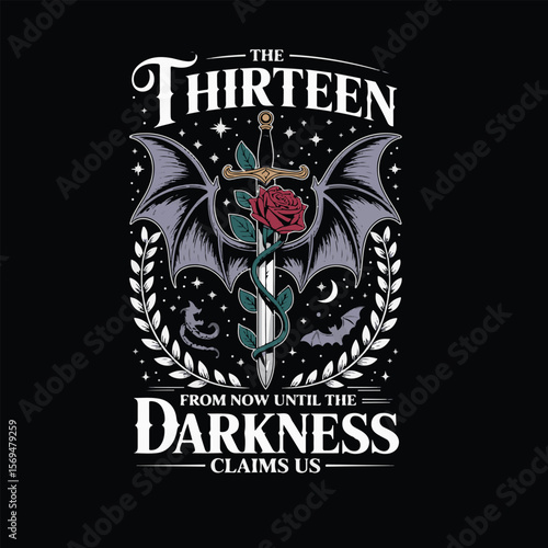 Gothic emblem with sword rose bat wings moon stars and dark fantasy text