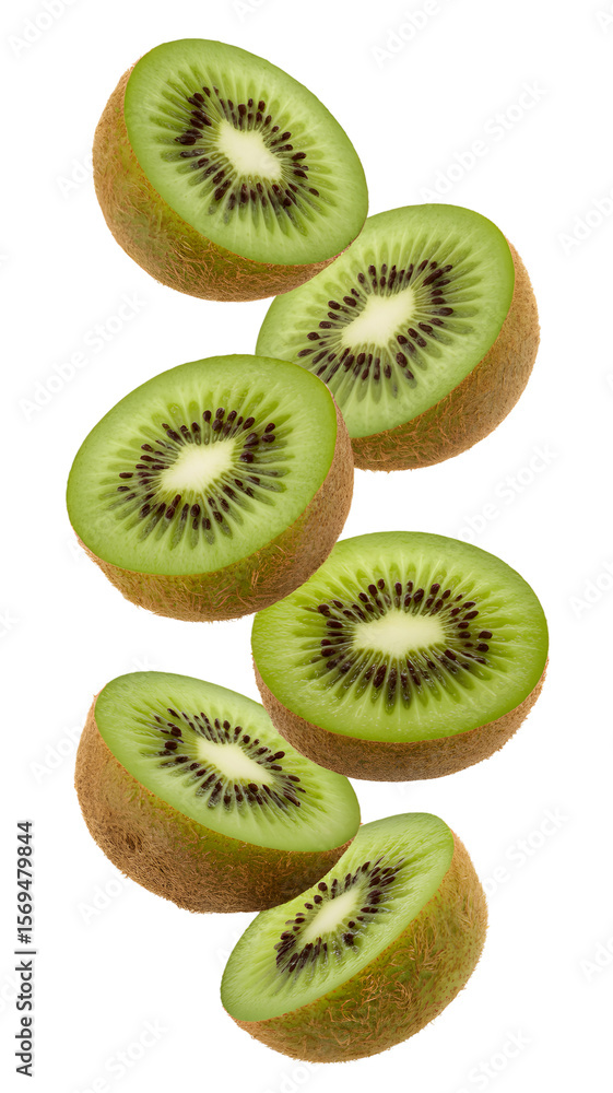 Fototapeta premium Flying kiwi and half slices isolated on transparent white background
