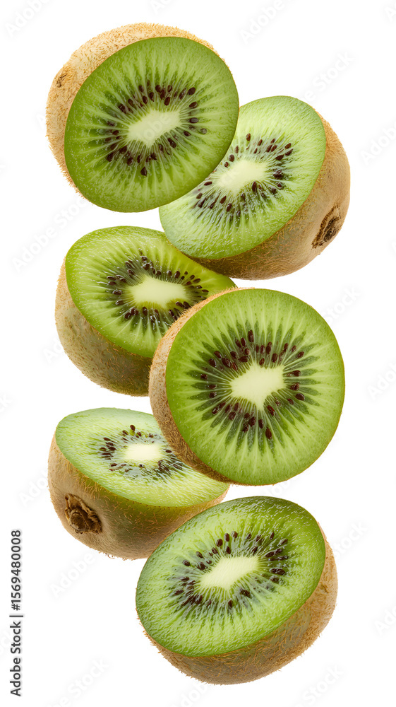 Fototapeta premium Flying kiwi and half slices isolated on transparent white background