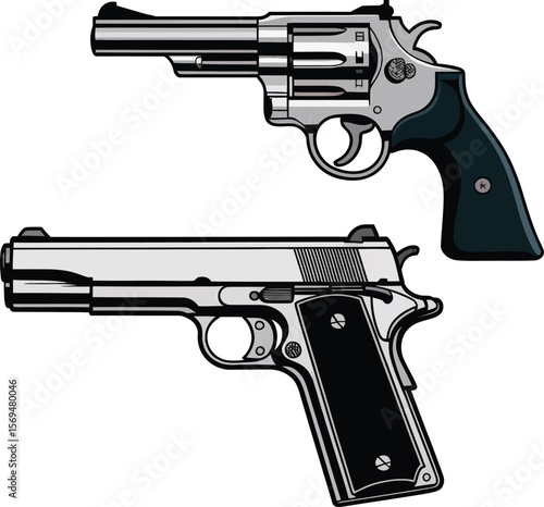 Two handguns a revolver and a semi automatic pistol depicted in a graphic style