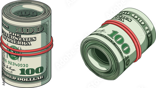 Two rolled up bundles of one hundred dollar bills secured with red rubber bands