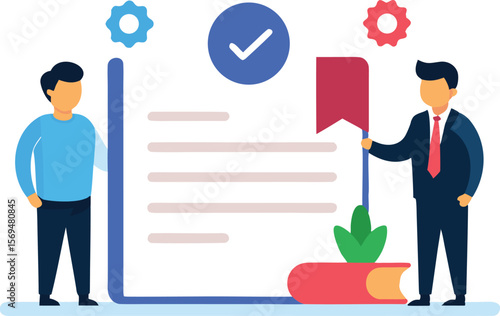 Businessmen reviewing document with checkmark and gears vector