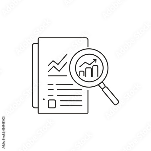 Minimalist icon of document with magnifying glass and chart bars representing data analysis business report market research and financial performance