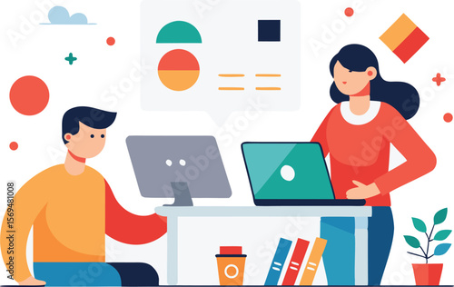 Designers collaborating on brand identity with computers collaboration teamwork