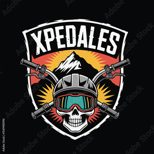 Skull wearing a helmet and goggles with mountain and handlebars emblem