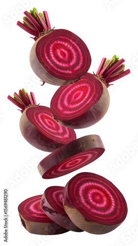 Flying red beetroot and half slices isolated on transparent white background
