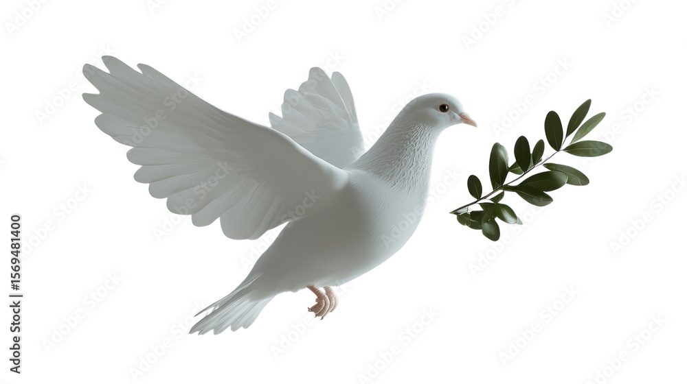 Fototapeta premium White dove in flight holding olive branch