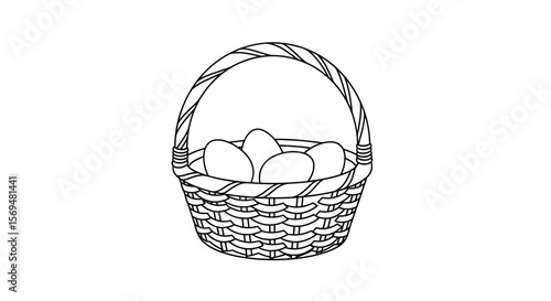  Wicker basket with eggs hand-drawn black and white illustration