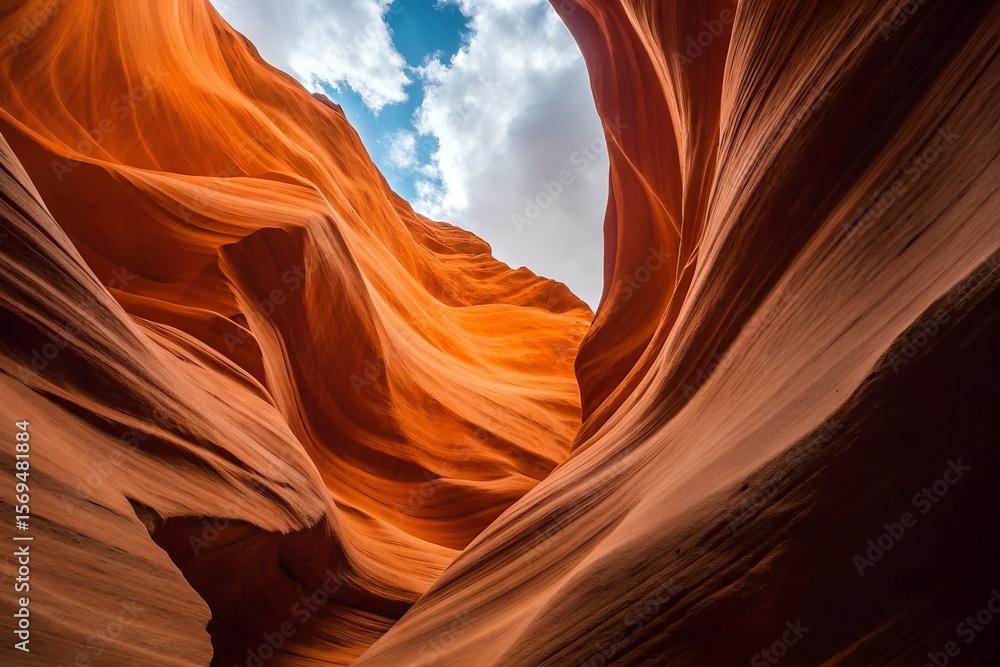Obraz premium Sunlit Antelope Slot Canyon with Sculpted Red Rock Walls and Mossy Texture – Natural Wonder Landscape 