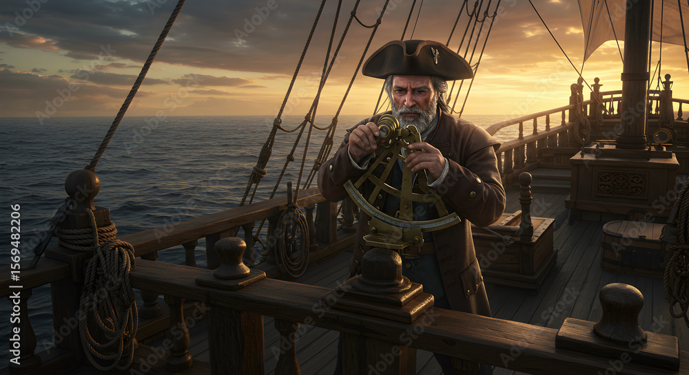 Obraz premium Sailor using a compass on deck at golden hour